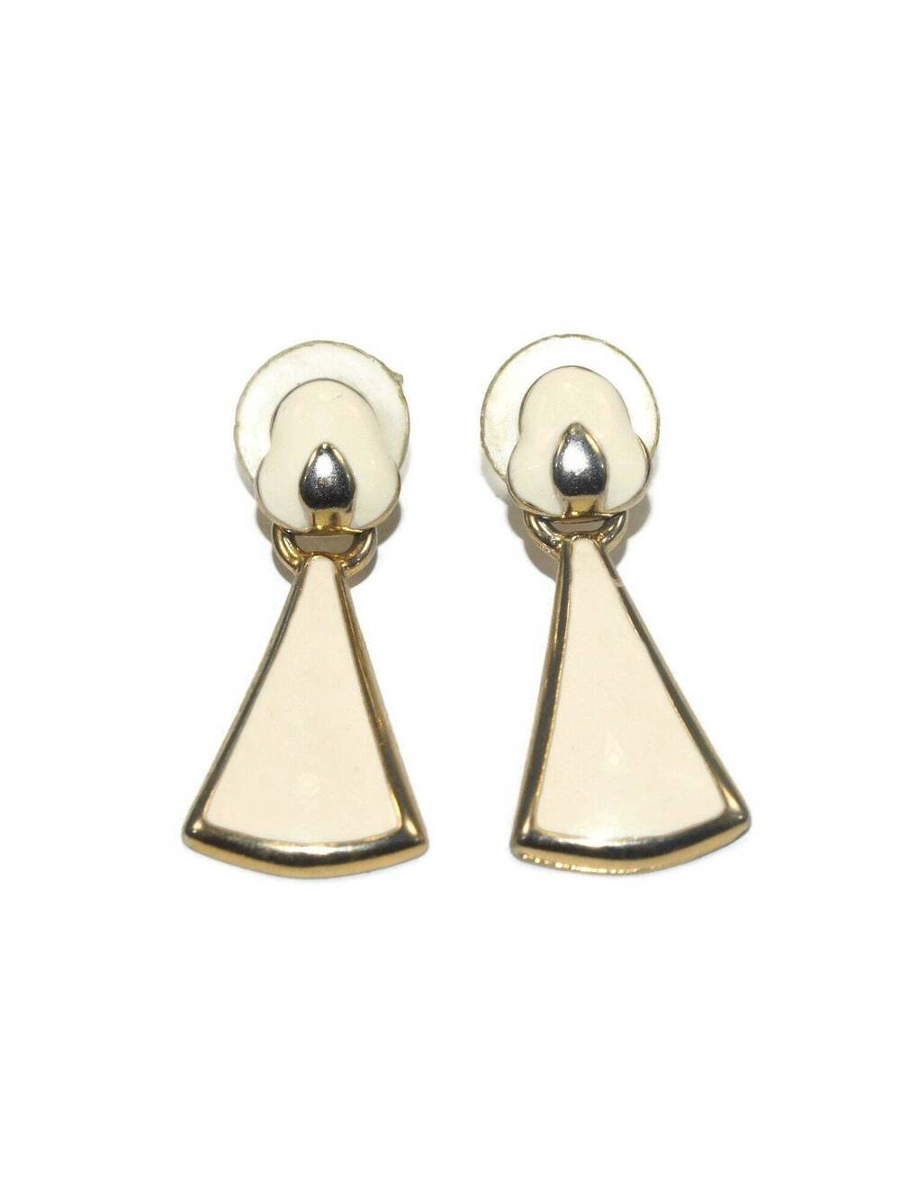 Vintage Gold Tone and Cream Enamel Dangle Earrings with Post Backs.